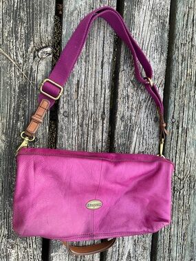 Fossil Pink Leather Crossbody Adjustable Canvas Strap discoloration see photo